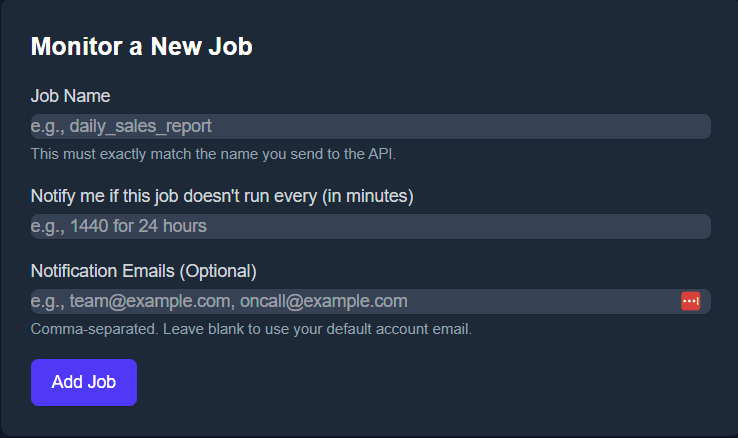 Monitor a New Job form